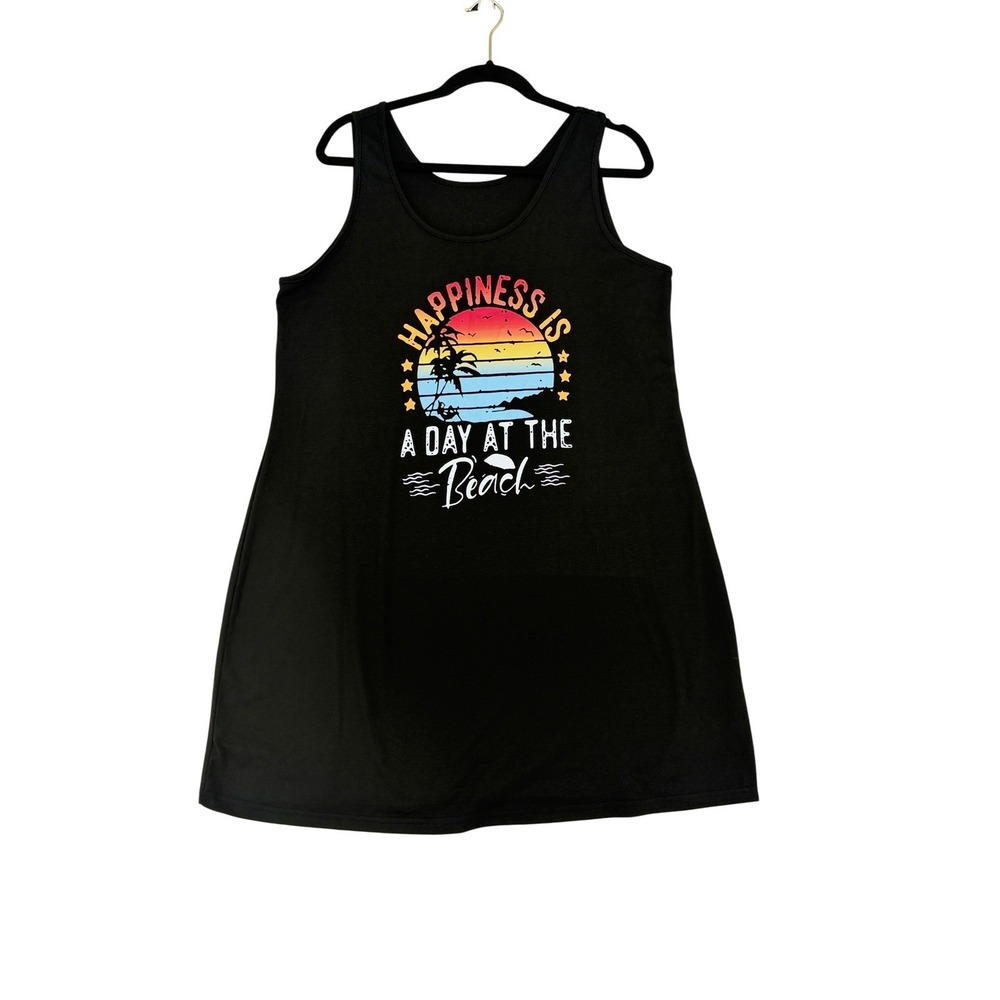 SHEIN Curve Women 1XL Black Beach Graphic Tank Dress Sleeveless Summer Plus Size
